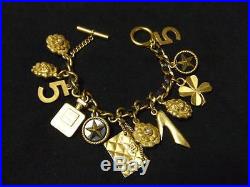 Authentic Used Chanel Vintage Black Leather Gold Chain 12Charms Bracelet