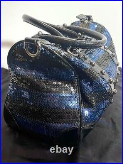 BETSEY JOHNSON Designer Limited Edition Sequin Dice Purse Black Blue Stripe Bag