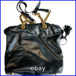 Badgely Mischka Black Leather Gold Zipper Chain Strap Shoulder Bag