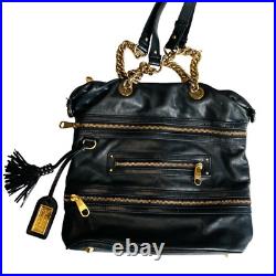 Badgely Mischka Black Leather Gold Zipper Chain Strap Shoulder Bag