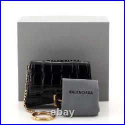 Balenciaga Hourglass Keychain Card Holder Crocodile Embossed Leather Black