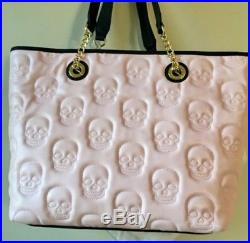 Betsey Johnson New Pink/Black Quilted Skulls 2 Handle Tote, wristlet & keychain