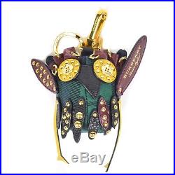 Burberry Owl Bag Charm Key Chain Leather Studded Green Gold Black