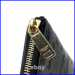 CELINE 10C663 Triomphe Coin Case Purse Pouch Gold Key Chain Black Leather