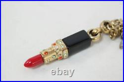 CHANEL Bag Charm Key Chain Rhinestone Lipstick CC Logo Black Gold Red 04A Auth