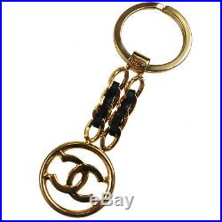 CHANEL CC Key Ring Gold Chain Black Leather Vintage 97A France Authentic #S451 M