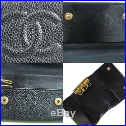 CHANEL CC Logos Key Case 6 Ring Black Caviar Skin Leather Vintage Auth #L988 M