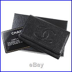 CHANEL CC Logos Key Case 6 Ring Black Caviar Skin Leather Vintage Auth #P337 M