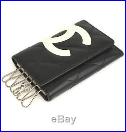 CHANEL Cambon Quilted Matelasse Black Lambskin Leather 6 Hooks Keycase #43253