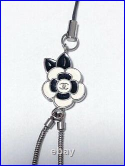 CHANEL Coco Mark Camellia motif Bag Charm Key Chain Black White CC F/S