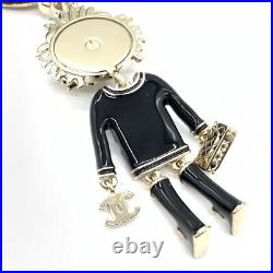 CHANEL Key Chain Back Charm Lion Motif Coco Rhinestone Gold Black With Box