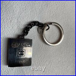 CHANEL Key Ring Holder Bag Charm Pink Black Silver Metal Chain Coco Rare Vintage