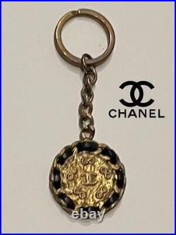 CHANEL Key ring Cocomark Vintage Keychain Ribbon Matelasse Chain Black Leather
