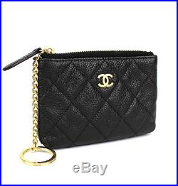 CHANEL Quilted Caviar Skin Leather Zipper Coin Purse with Key Chain Black #43342