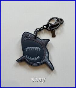 COACH Black Leather SHARK Key Fob Chain Clip SHARKY Charm Blue Glitter NWT HTF