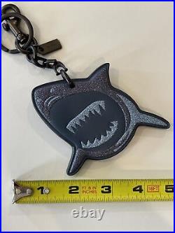 COACH Black Leather SHARK Key Fob Chain Clip SHARKY Charm Blue Glitter NWT HTF