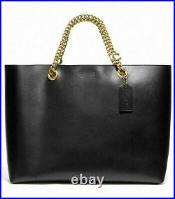 COACH Black Refined Calf Leather Signature Chain Central Tote Shoulder Bag 78218