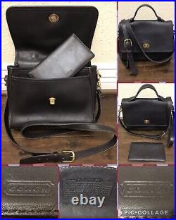 COACH Court Bag 9870 USA Black Leather Satchel Crossbody Handbag Purse + Wallet