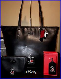 COACH Disney X Mickey City Ltd Ed Black Leather Tote Wristlet Keychain 56645