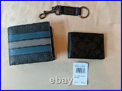 COACH F37944 Mens Varsity Stripe Wallet & Key Chain Black/Blue Mineral Gift Box