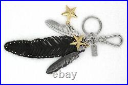 COACH Feather Gold Star Keychain Bag Charm Black Faux Leather Studs NEW