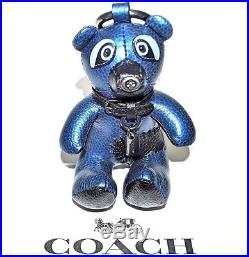COACH Keychain Ace Bear Raccoon Handbag Charm Metallic Blue Black Leather NWT