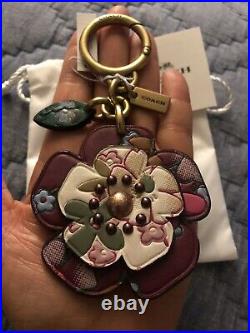 COACH Single Tea Rose Leather Keychain Bag Charm FLORAL PRINT NWT
