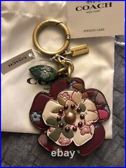 COACH Single Tea Rose Leather Keychain Bag Charm FLORAL PRINT NWT