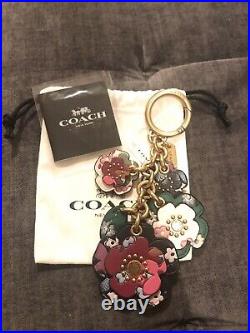 COACH Tea Rose Leather Keychain Bag Charm FLORAL PRINT NWT