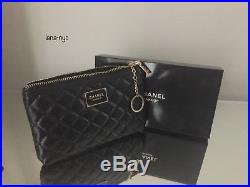 Chanel Beauty VIP Gift Black Quilted Coin/ Makeup Pouch/Bag with Keychain