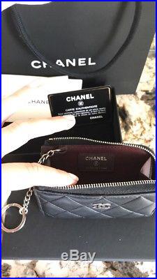 Chanel Black Lambskin Leather Coin Purse Wallet Keychain Bag 2017 W Receipt