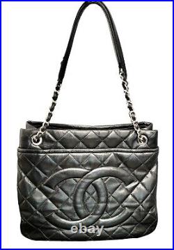 Chanel Black Leather Handbag CC Caviar Quilted Large Shoulder Bag, Box, Card