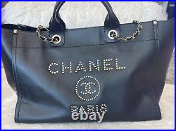 Chanel Deauville Tote Studded In Gold Large Tote Bag Leather Caviar Authentic