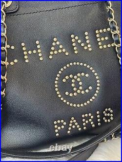 Chanel Deauville Tote Studded In Gold Large Tote Bag Leather Caviar Authentic