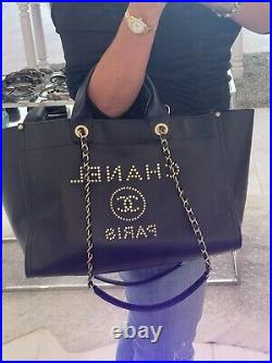 Chanel Deauville Tote Stuffed In Gold Large Tote Bag Leather Caviar Authentic