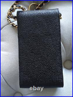 Chanel black leather caviar gold chain cross body phone case mini flap bag vtg