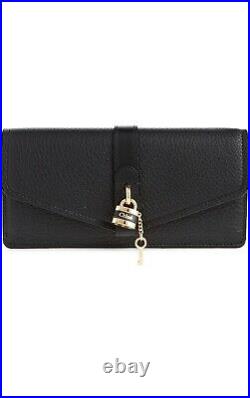 Chloé Chloe Aby Long Leather Wallet Logo Lock Chained Key GOLD BLACK $620