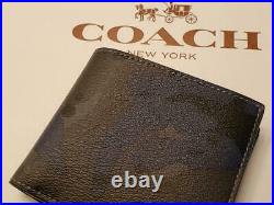 Coach Blue Camo Signature Bi-fold Wallet With Key Chain Fob In A Gift Box-88912