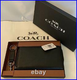 Coach F64119 Accordion Wallet Sport Calf Leather Black Key Chain Gift Box Nib