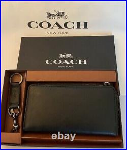 Coach F64119 Accordion Wallet Sport Calf Leather Black Key Chain Gift Box Nib