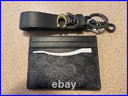 Coach Leather Card Wallet and Key Chain Set New In Charcoal Black