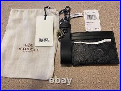 Coach Leather Card Wallet and Key Chain Set New In Charcoal Black