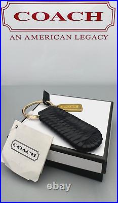Coach Vintage Double Sided Brass Hangtag Cross Braid Key Fob Black Leather 4701