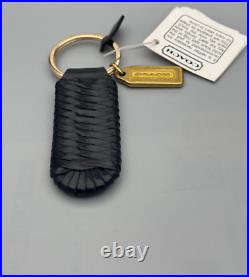 Coach Vintage Double Sided Brass Hangtag Cross Braid Key Fob Black Leather 4701
