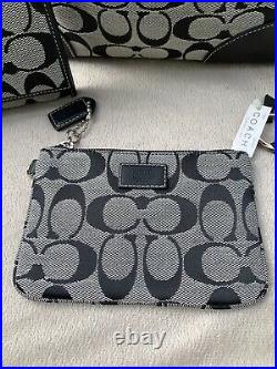 Coach signature grey & black canvas shoulder bag 6346 Set wallet Clutch Keychain