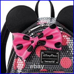 Disney & Loungefly Minnie Mouse Mini Backpack Sequined Pink Polka Dot & Keychain
