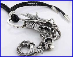 Dragon 925 Sterling Silver Real Leather Men's Key Chain Wallet Belt Holder Rock