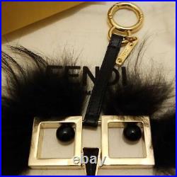 FENDI Fur Charm GP Black Gold Key Chain Ring Leather Accessories Women's #146D