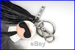 FENDI Keychain Karlito Fur pompom Bag charm Keyring Black leather Gray silver