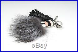 FENDI Keychain Karlito Fur pompom Bag charm Keyring Black leather Gray silver